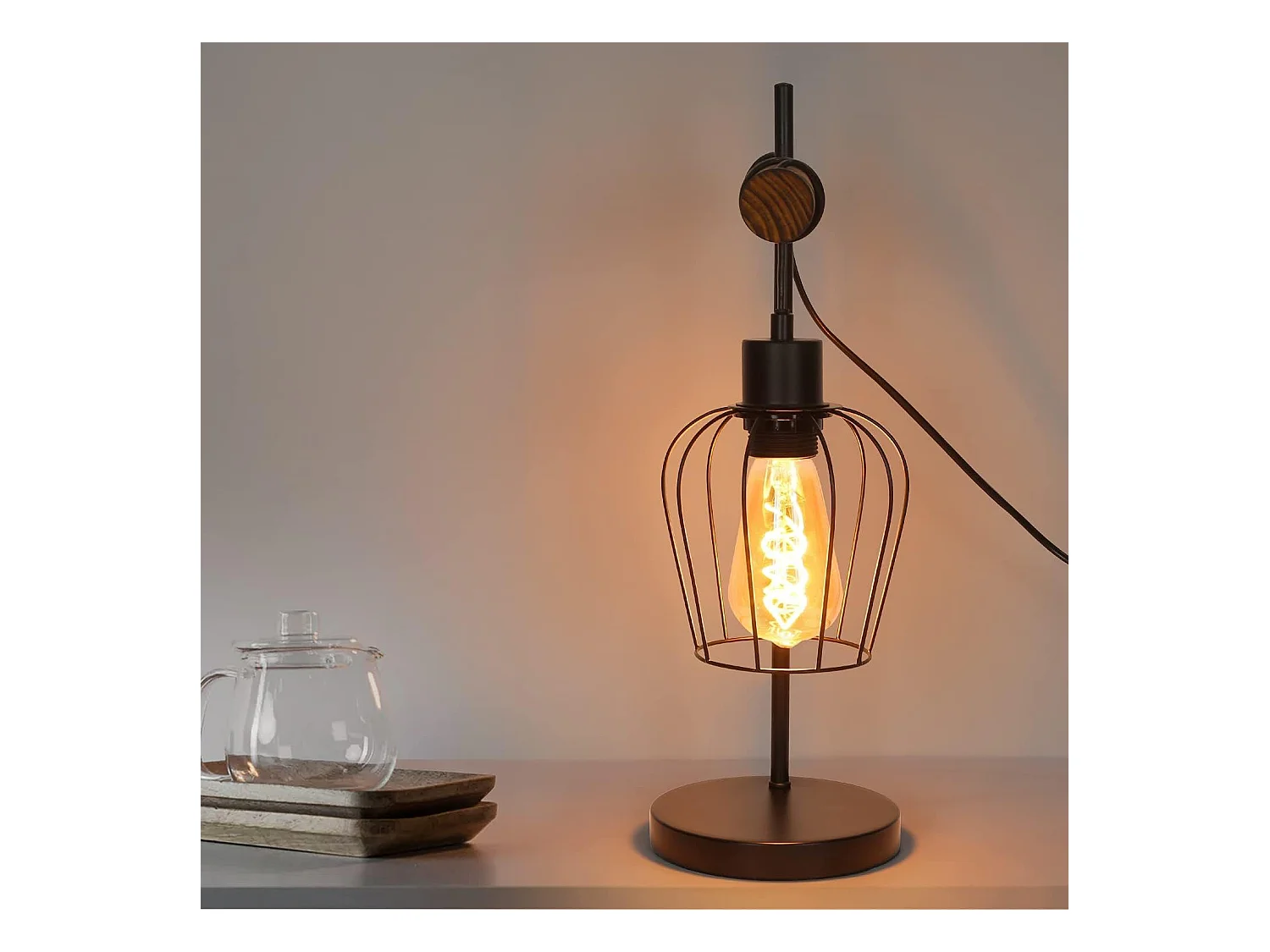 NETTLIFE Retro lampa stołowa 1 płomień vintage lampka nocna z metalu i drewna - czarna - gniazdo: E27 - włącznik w zestawie - żarówki nie są wliczone w cenę