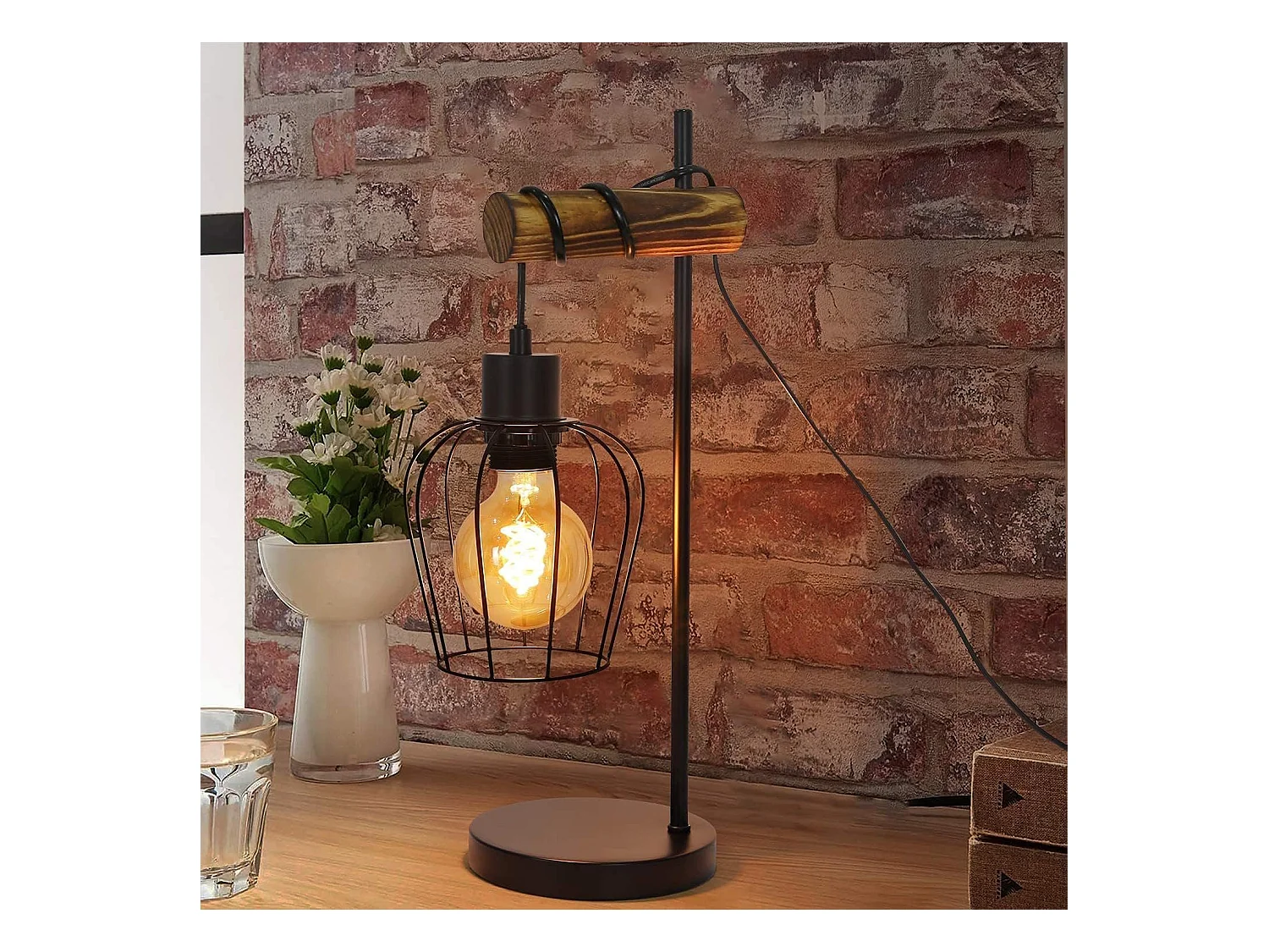 NETTLIFE Retro lampa stołowa 1 płomień vintage lampka nocna z metalu i drewna - czarna - gniazdo: E27 - włącznik w zestawie - żarówki nie są wliczone w cenę