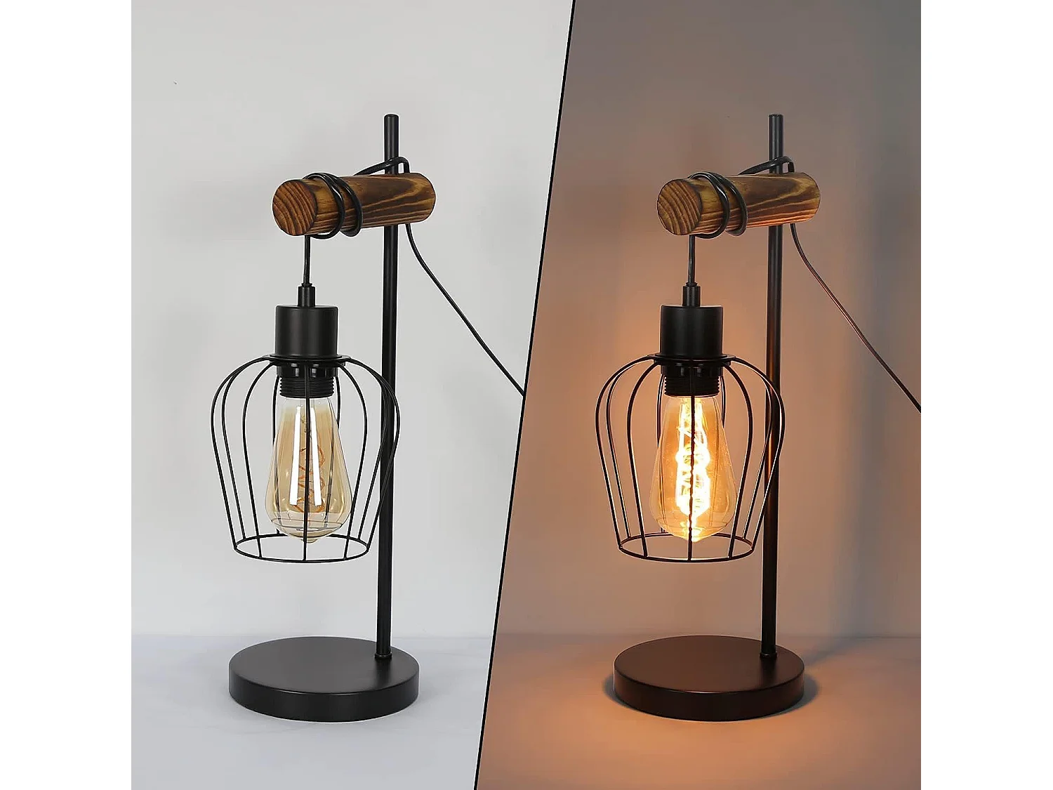 NETTLIFE Retro tafellamp, 1 vlam, vintage nachtlamp van metaal en hout - zwart - voet: E27 - inclusief schakelaar - lampen niet inbegrepen