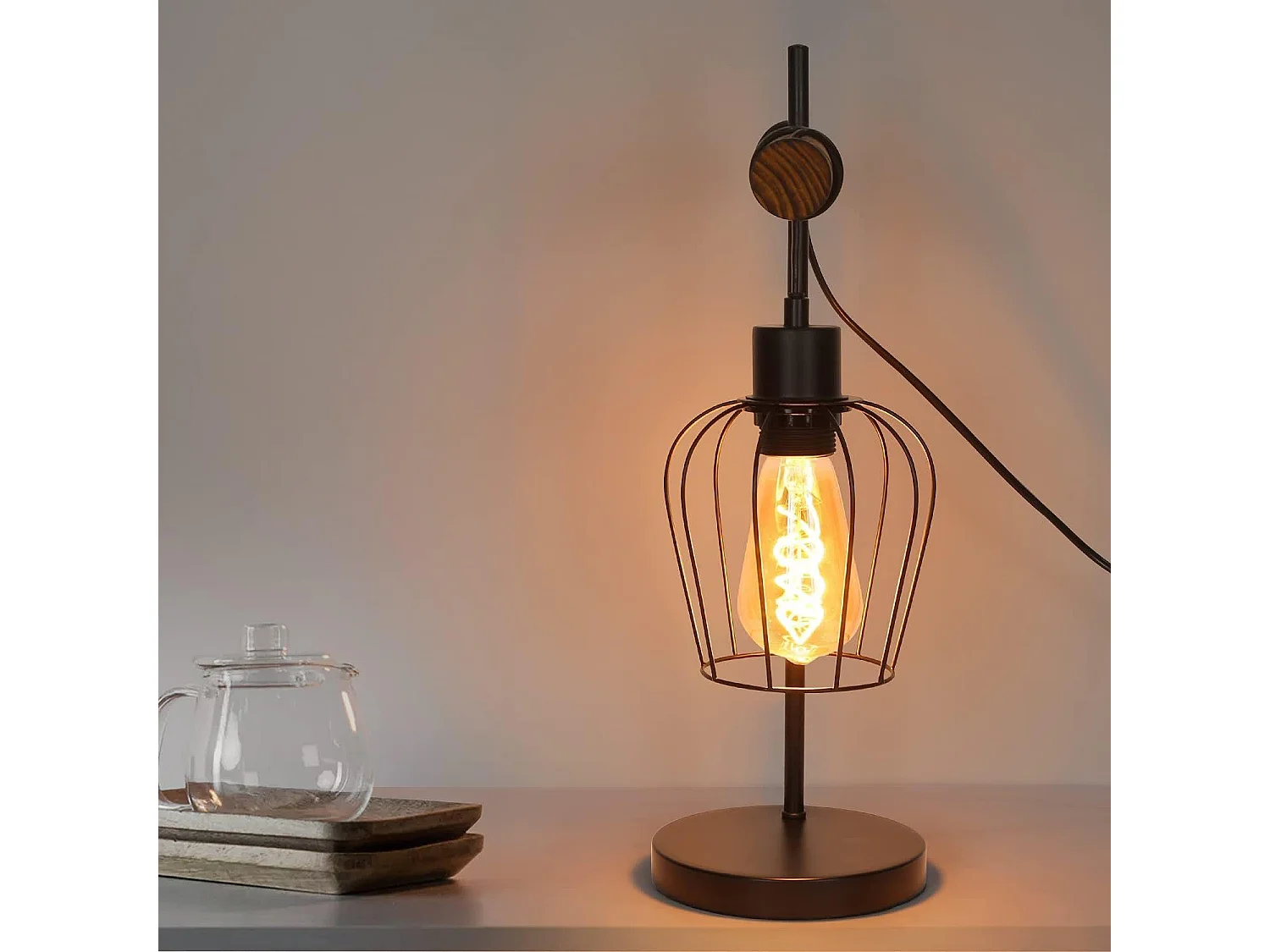 NETTLIFE Lampe de table rétro 1 flamme lampe de chevet vintage en métal et bois - noir - douille : E27 - interrupteur inclus - ampoules non comprises
