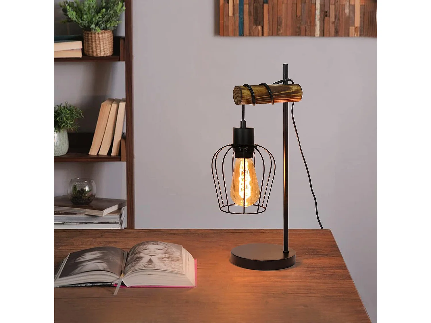 NETTLIFE Lampe de table rétro 1 flamme lampe de chevet vintage en métal et bois - noir - douille : E27 - interrupteur inclus - ampoules non comprises