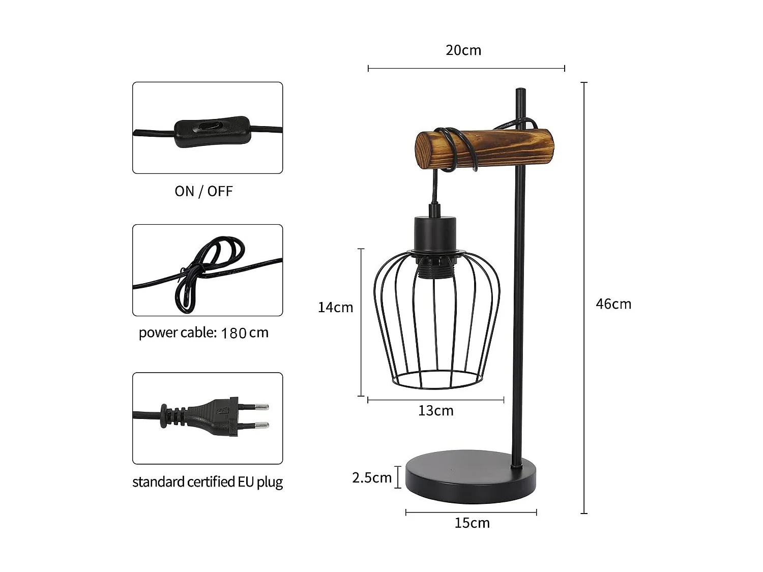 NETTLIFE Lampe de table rétro 1 flamme lampe de chevet vintage en métal et bois - noir - douille : E27 - interrupteur inclus - ampoules non comprises