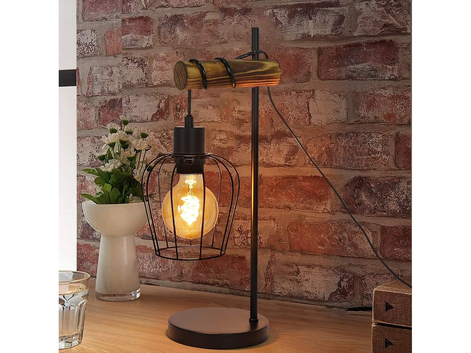 NETTLIFE Lampe de table rétro 1 flamme lampe de chevet vintage en métal et bois - noir - douille : E27 - interrupteur inclus - ampoules non comprises