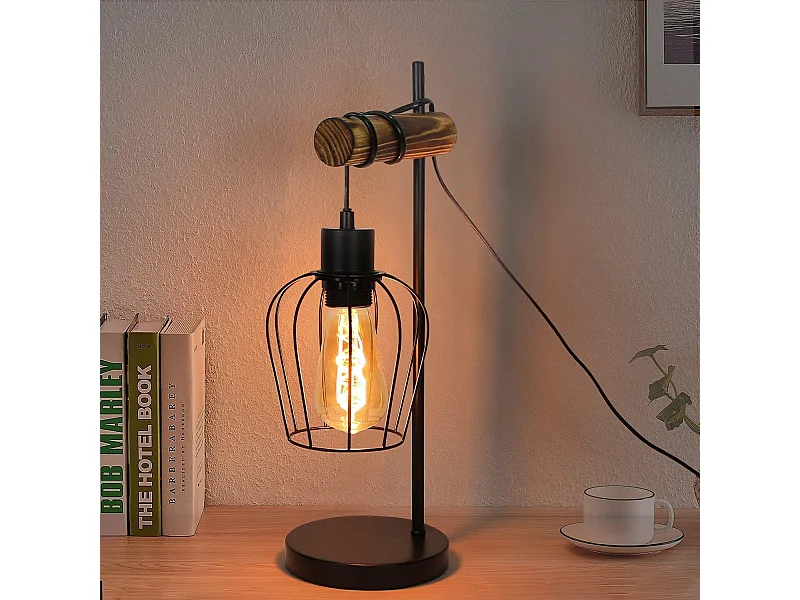 NETTLIFE Lámpara mesa retro, Noche vintage, 1 llama, Metal y madera, Negro, Casquillo E27, Interruptor incl., Bombillas no incl.