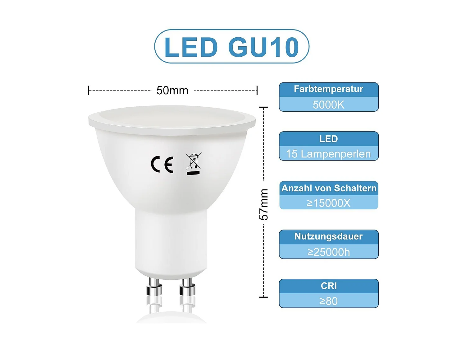 NETTLIFE LED Lampen GU10 - 5000K koel wit - 6W Vervangt 60W - Wit - Stralingshoek 110° gloeilamp - reflector spot - 10 Stuks