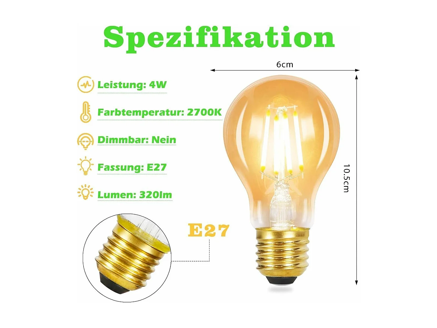 NETTLIFE Lot de 6 ampoules LED E27 blanc chaud A60 vintage 4W 2700K Edison à filament rétro lampe à économie d'énergie pour maison café bar