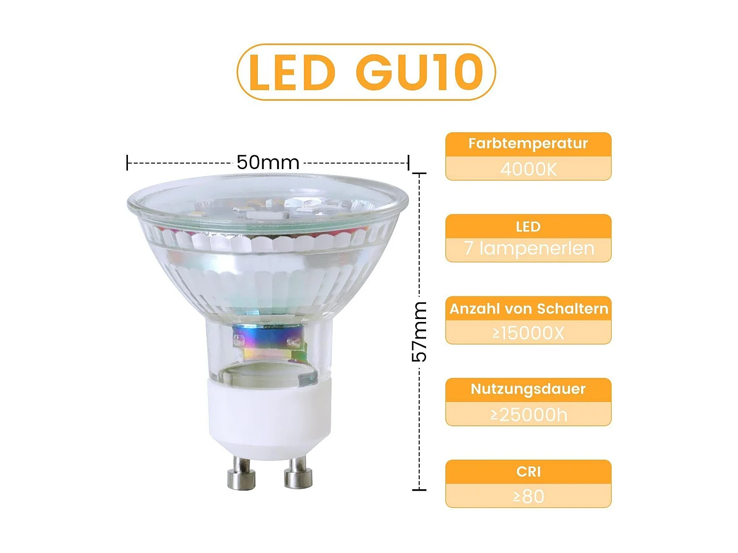 NETTLIFE 6er-Pack GU10-LED-Lampen, neutralweiß, 5 W, ersetzt 50-W-Glühbirne, 4000 K, energiesparend, 110° Abstrahlwinkel, nicht dimmbarer Strahler