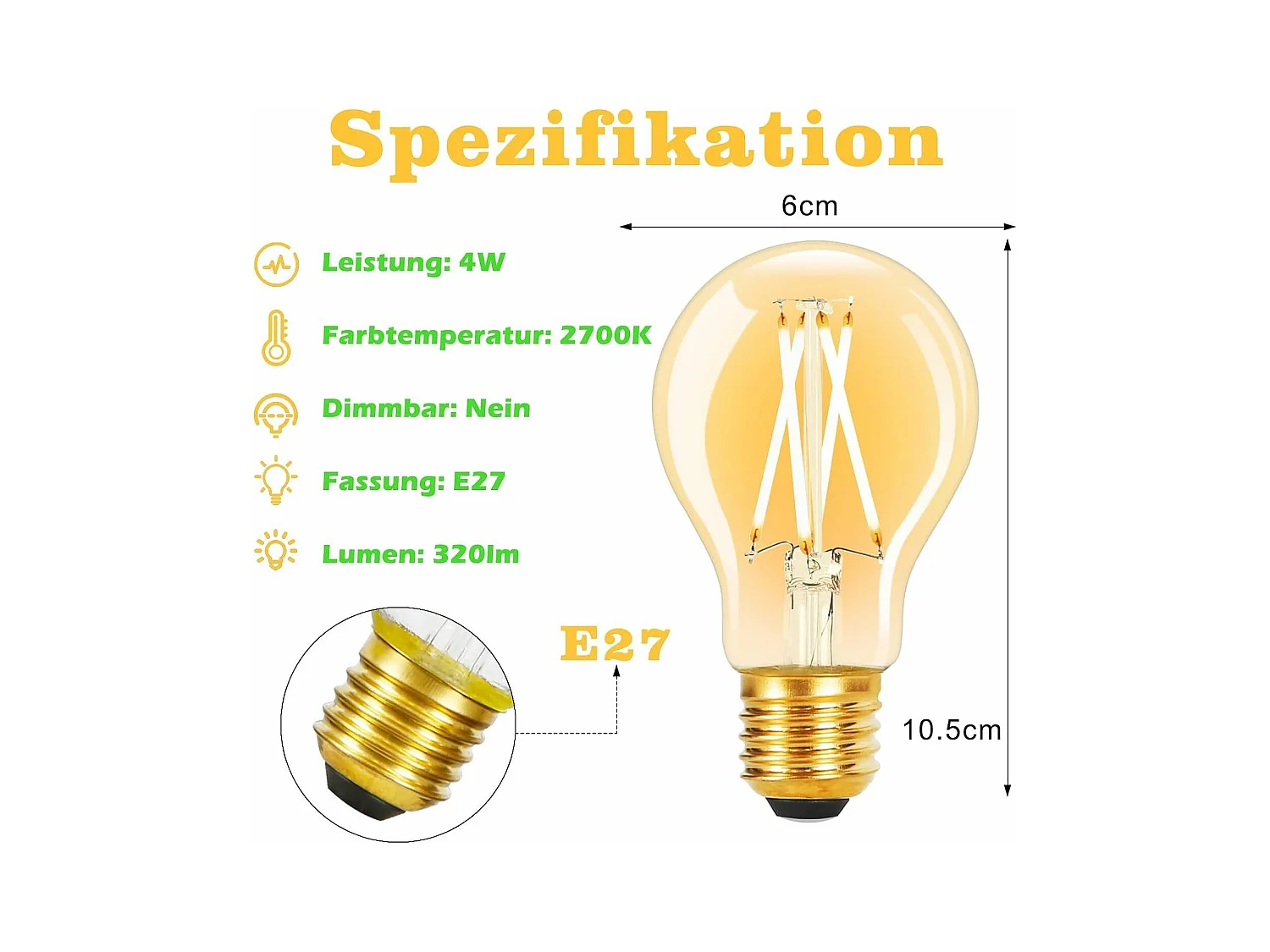 NETTLIFE Pack 6 bombillas LED Vintage E27, A60 2700K 4W, Edison filamento blanco cálido, Ahorro energía, Vidrio antiguo, Lámpara