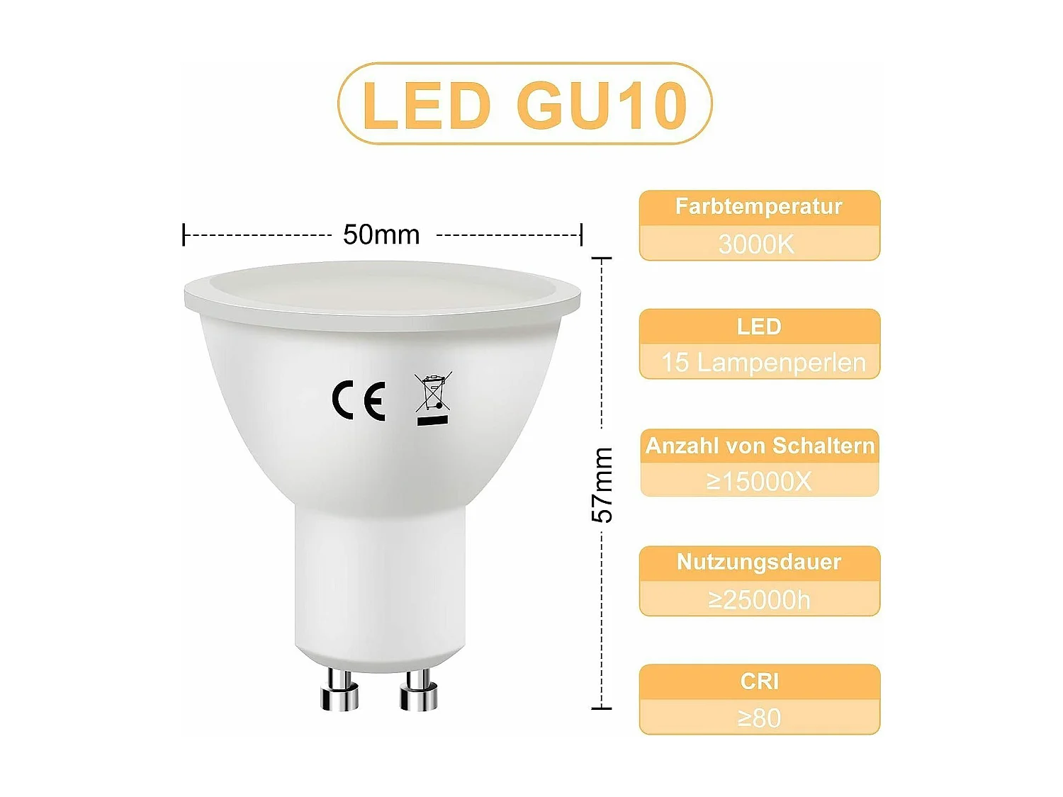 NETTLIFE Paket von 10 GU10 - LED - Leuchten in warmweißem 3000K, 6W. Ersetzt die 60W - Glühbirnen. Energieeinsparend, Strahlwinkel 110°, Leuchtmittel.