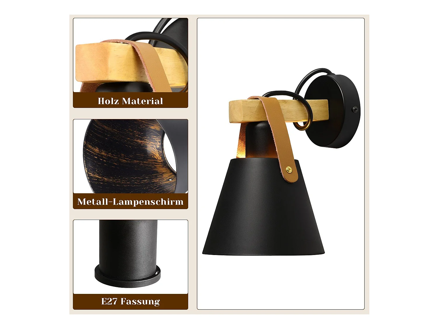 NETTLIFE Vintage Applique murale rétro E27 en noir industriel intérieur éclairage mural en bois cuir plastique (sans ampoule)