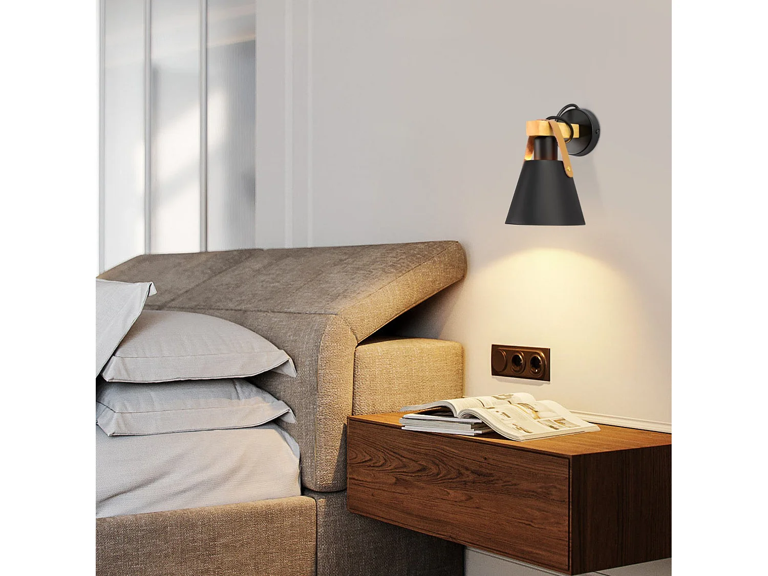 NETTLIFE Vintage Applique murale rétro E27 en noir industriel intérieur éclairage mural en bois cuir plastique (sans ampoule)