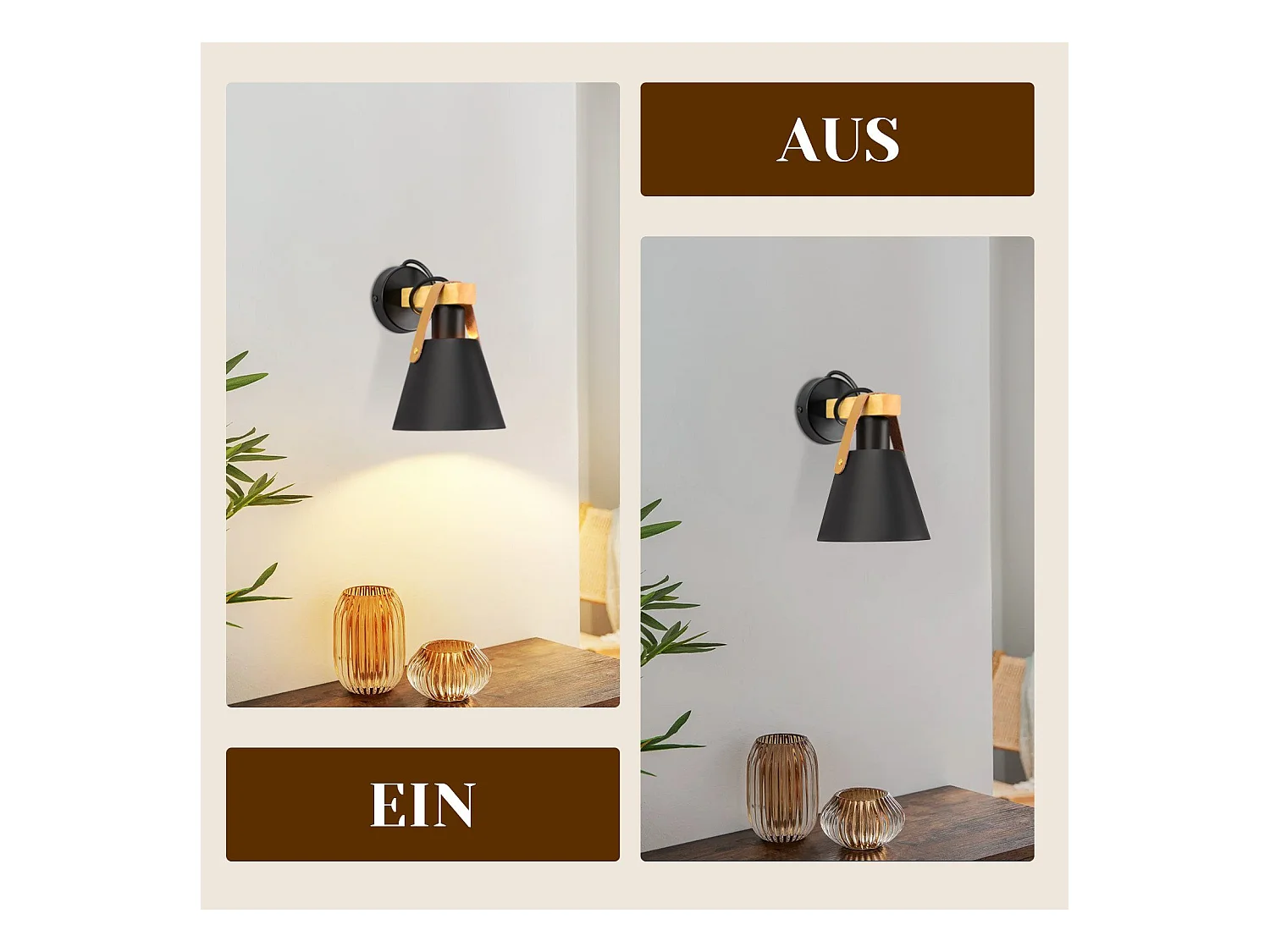 NETTLIFE Vintage Applique murale rétro E27 en noir industriel intérieur éclairage mural en bois cuir plastique (sans ampoule)