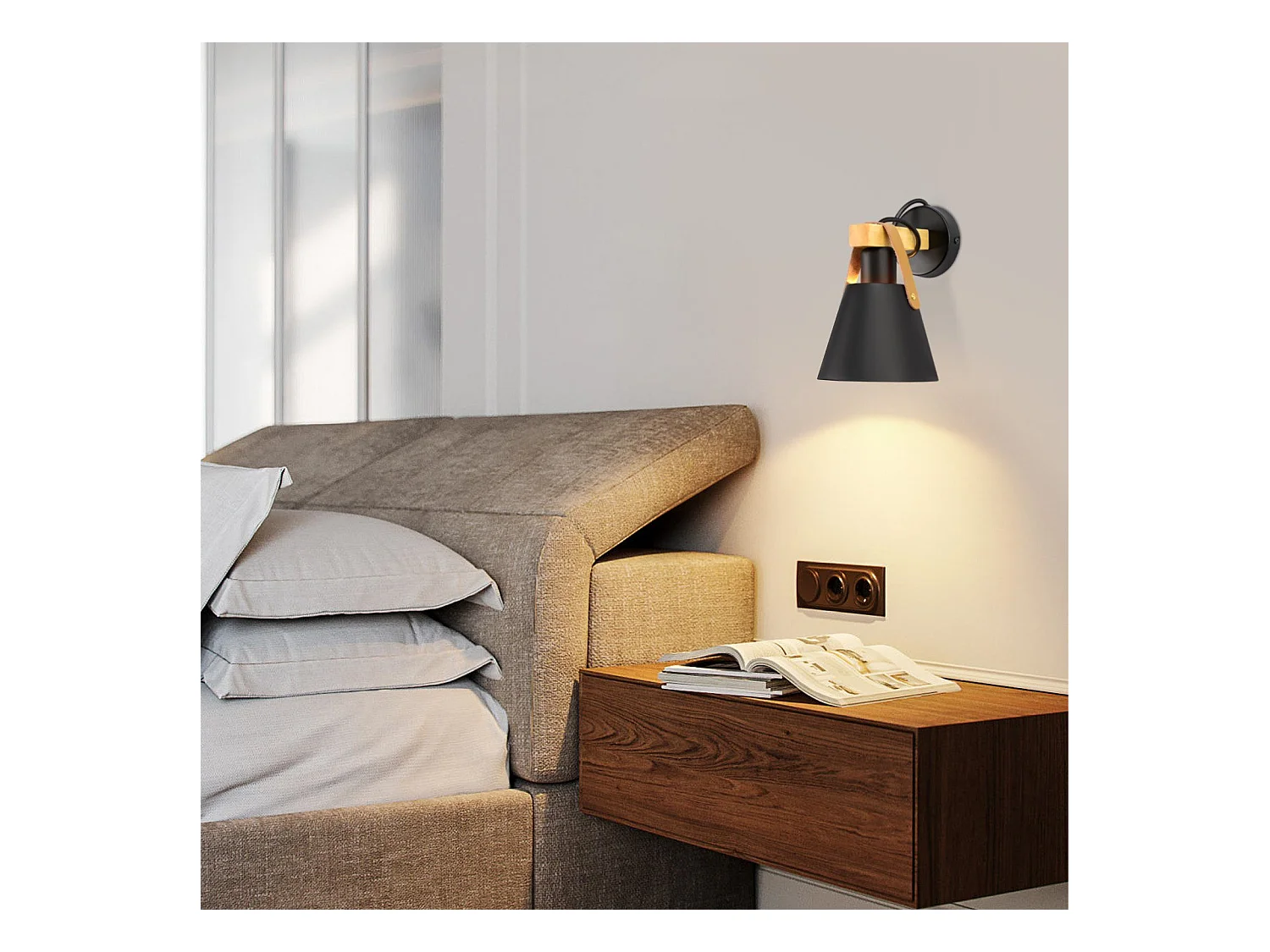 NETTLIFE Vintage Applique murale rétro E27 en noir industriel intérieur éclairage mural en bois cuir plastique (sans ampoule)