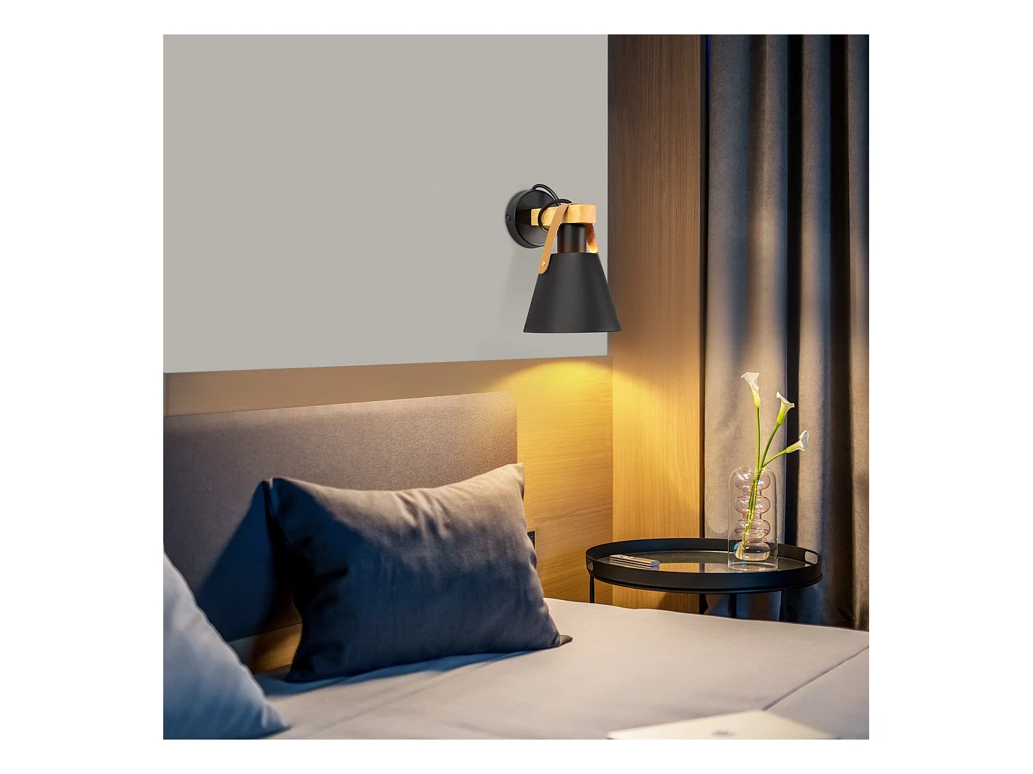 NETTLIFE Vintage Applique murale rétro E27 en noir industriel intérieur éclairage mural en bois cuir plastique (sans ampoule)