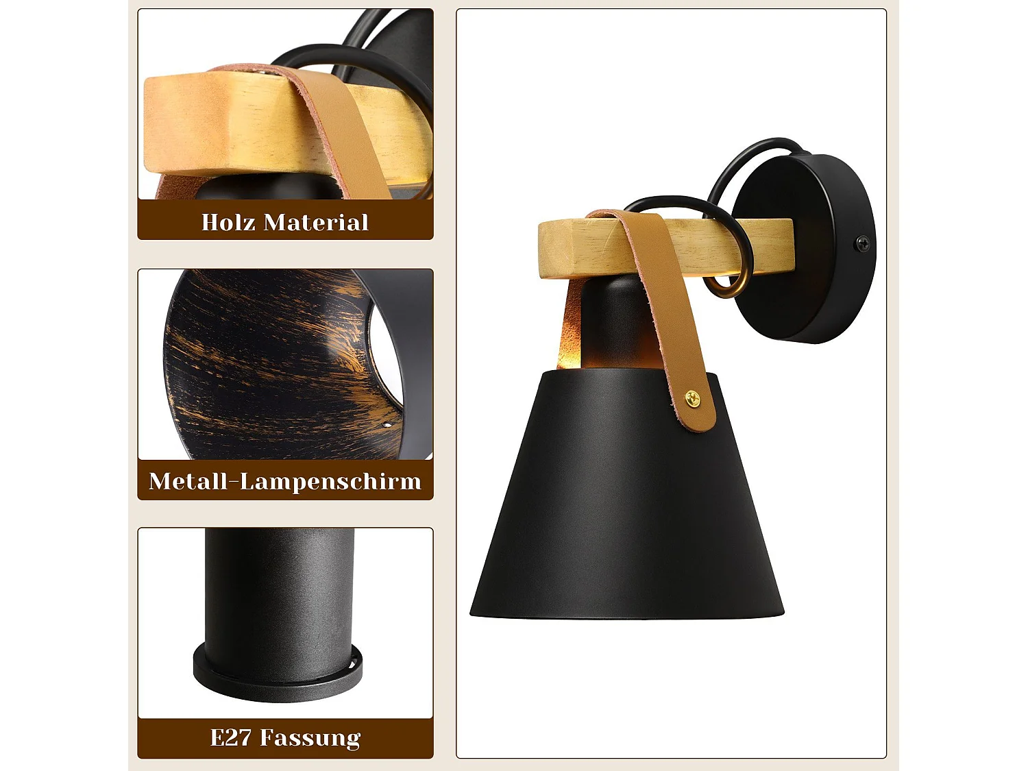 NETTLIFE Vintage Applique murale rétro E27 en noir industriel intérieur éclairage mural en bois cuir plastique (sans ampoule)