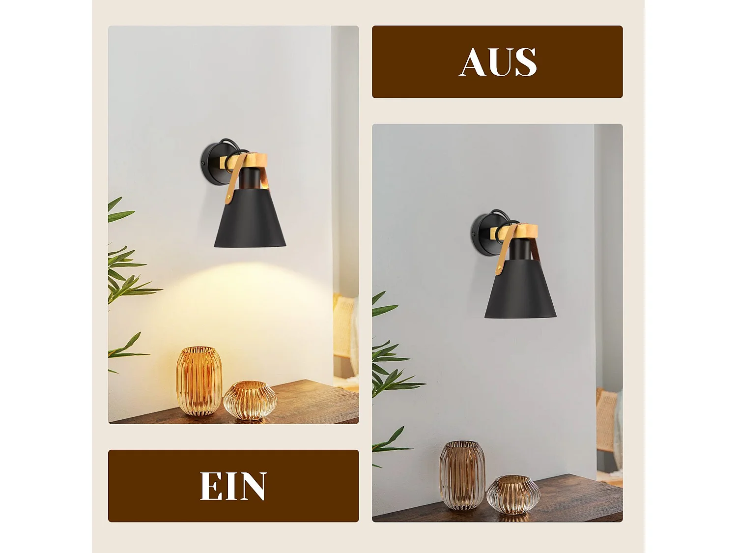 NETTLIFE Vintage Applique murale rétro E27 en noir industriel intérieur éclairage mural en bois cuir plastique (sans ampoule)