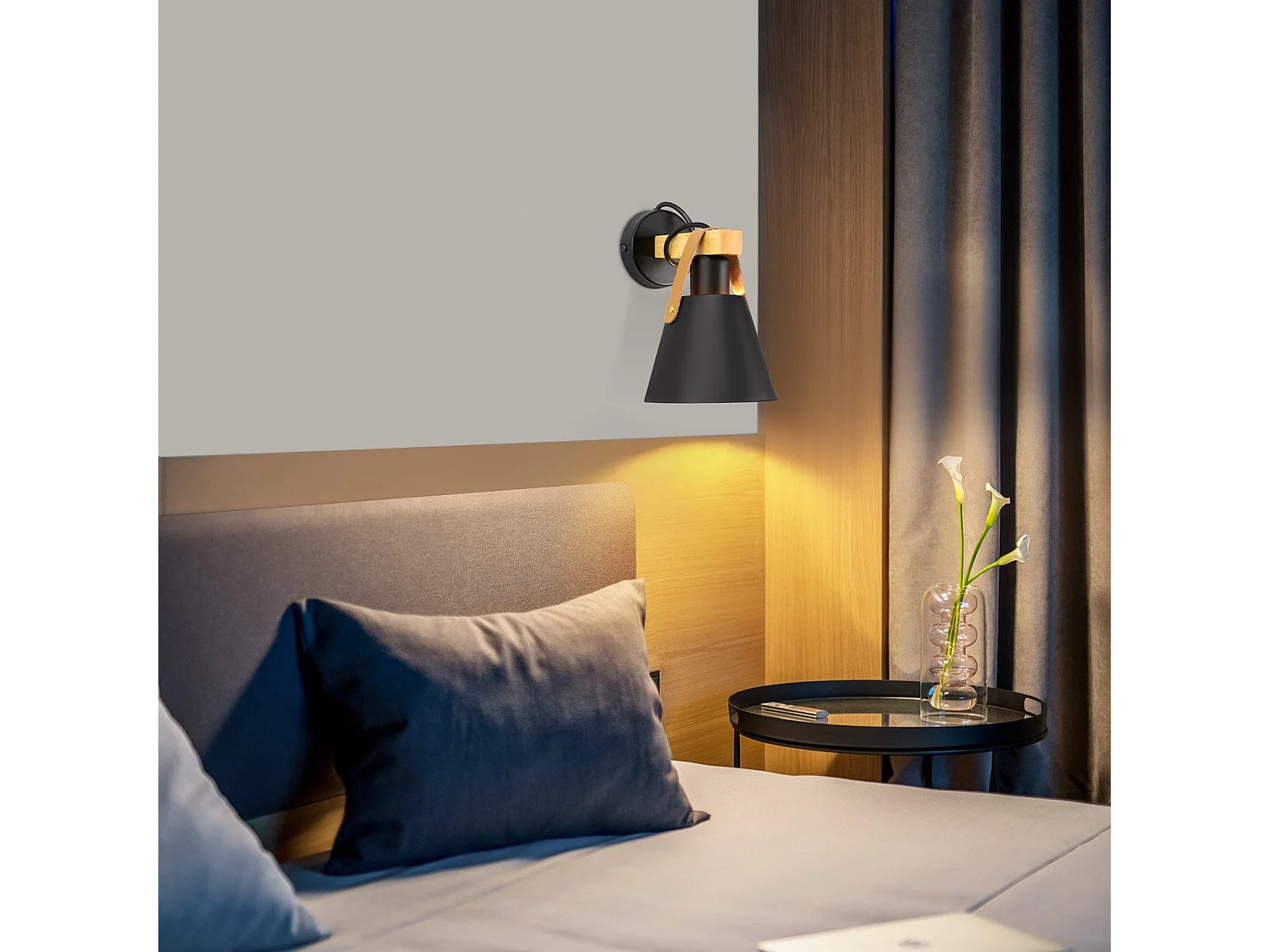 NETTLIFE Vintage Applique murale rétro E27 en noir industriel intérieur éclairage mural en bois cuir plastique (sans ampoule)