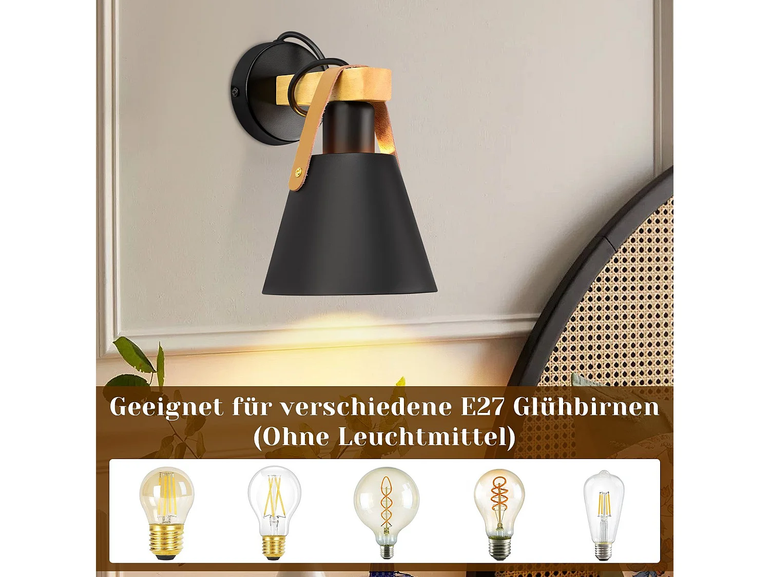 NETTLIFE Vintage Applique murale rétro E27 en noir industriel intérieur éclairage mural en bois cuir plastique (sans ampoule)