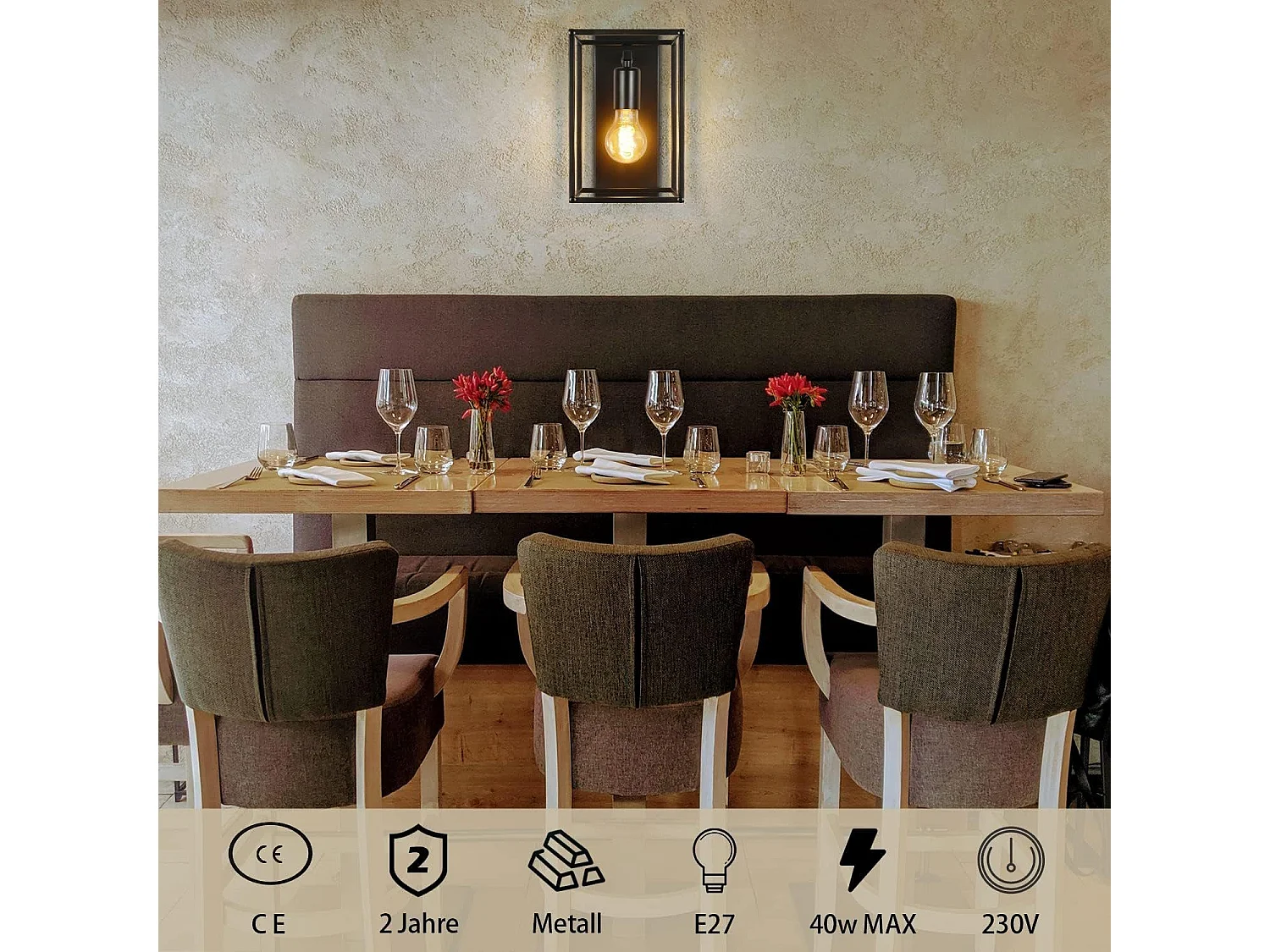 NETTLIFE Czarny kinkiet wewnętrzny - Oświetlenie ścienne w stylu vintage Oświetlenie sypialni Retro Lampa korytarzowa na klatkę schodową E27 - Bez żarówek