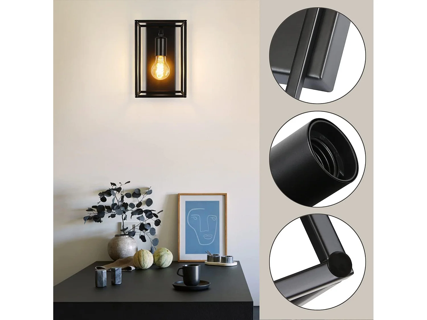 NETTLIFE Applique Intérieure Noire - Eclairage mural Vintage Chambre Eclairage Cage d'escalier Rétro Lampe de couloir E27 - Sans ampoules