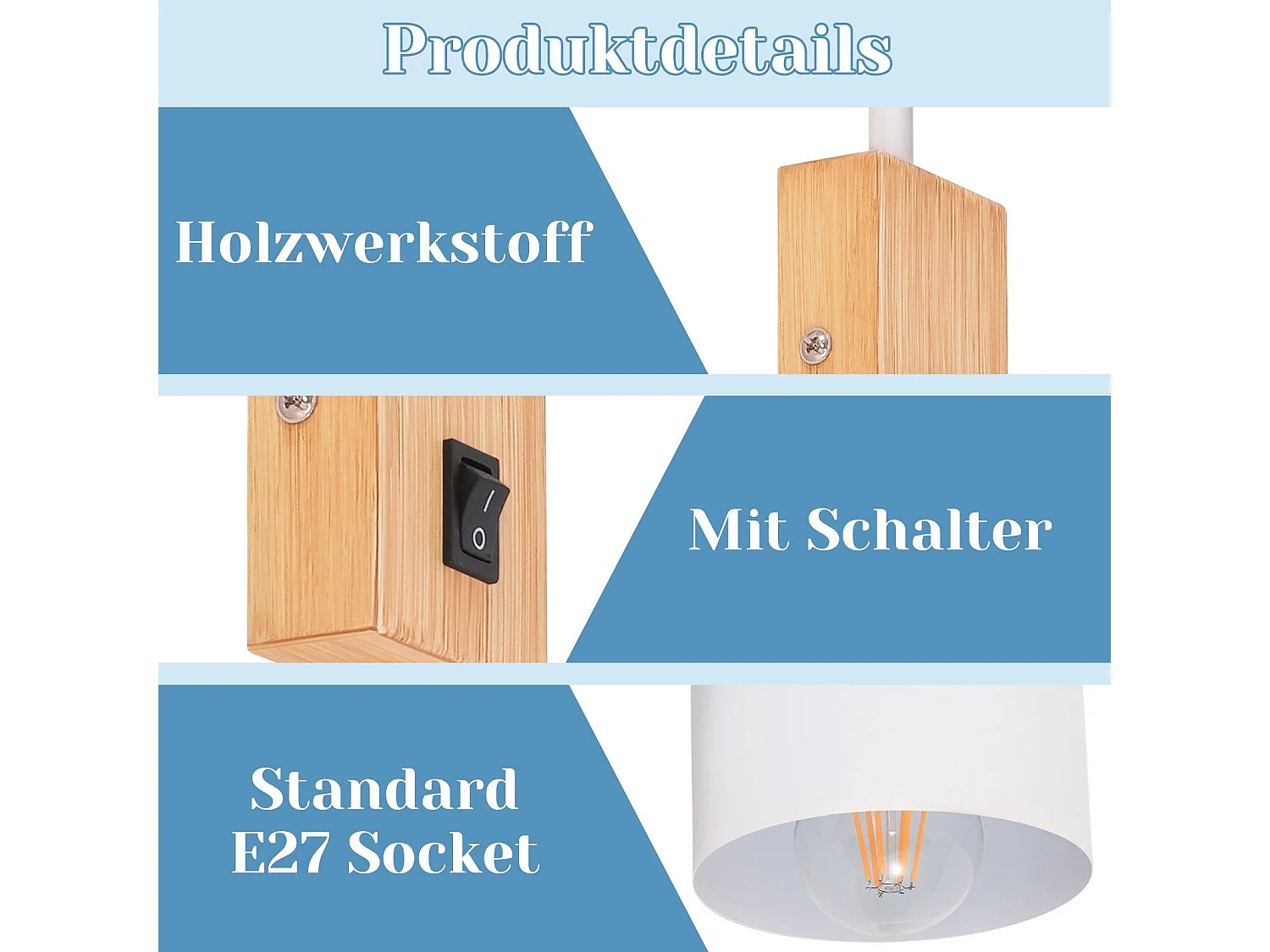 NETTLIFE Wandleuchte Holz mit Schalter - 1-Flammiger Wandstrahler E27 Weiß Flurlampe 330°, Ohne Leuchtmittel
