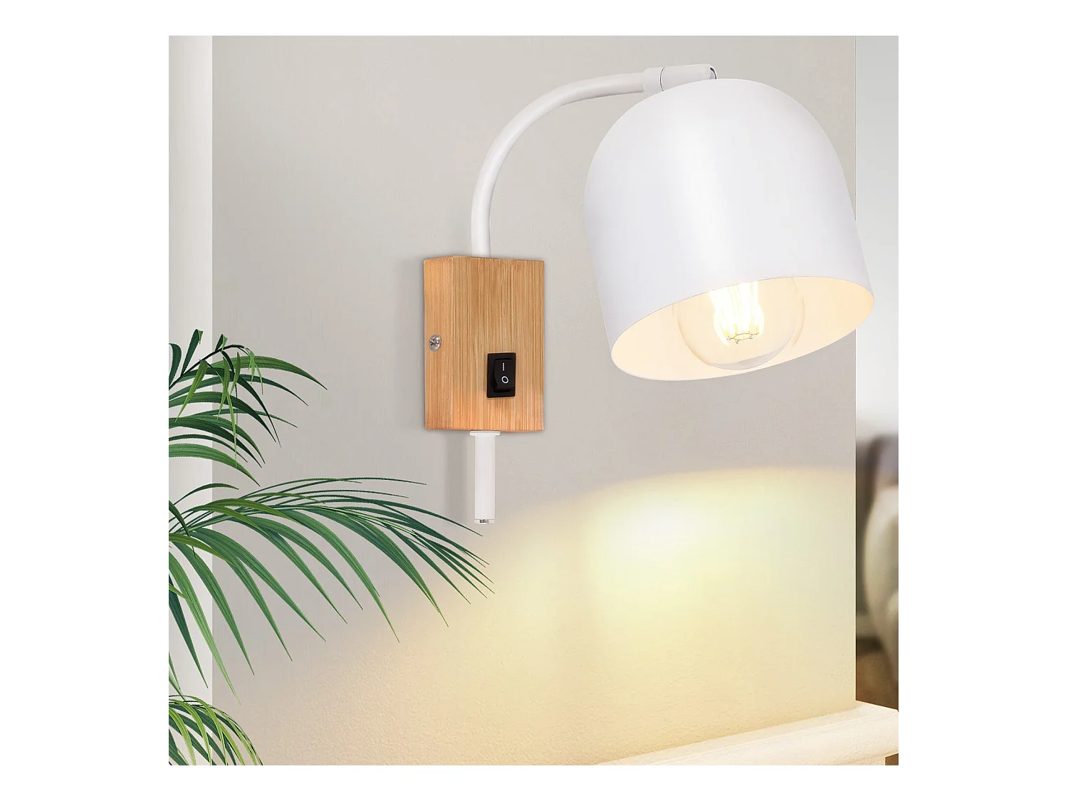 NETTLIFE Applique murale en bois avec interrupteur - Spot mural 1 flamme E27 Blanc Lampe de couloir 330° ,Sans ampoule