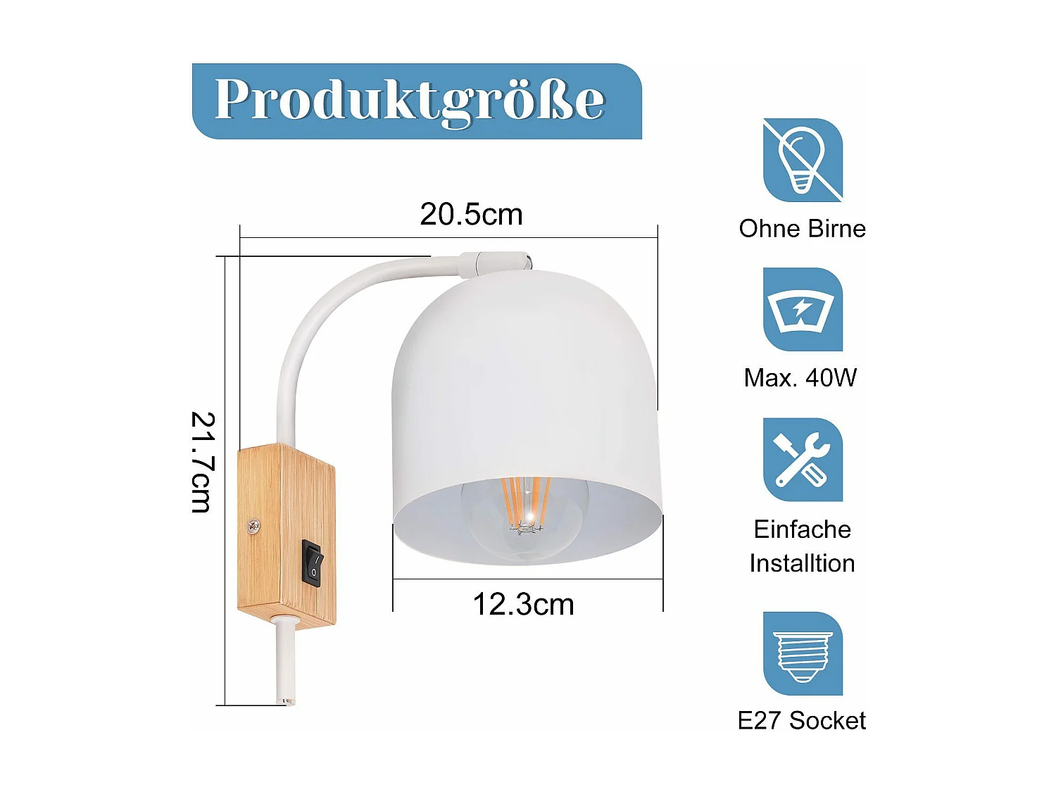 NETTLIFE Aplique de madera con interruptor - Foco de pared de 1 llama E27 Lámpara de pasillo blanca 330°, Sin bombilla