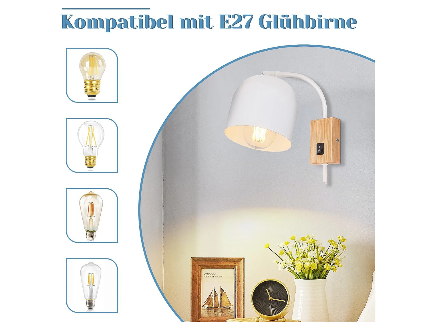 NETTLIFE Aplique de madera con interruptor - Foco de pared de 1 llama E27 Lámpara de pasillo blanca 330°, Sin bombilla