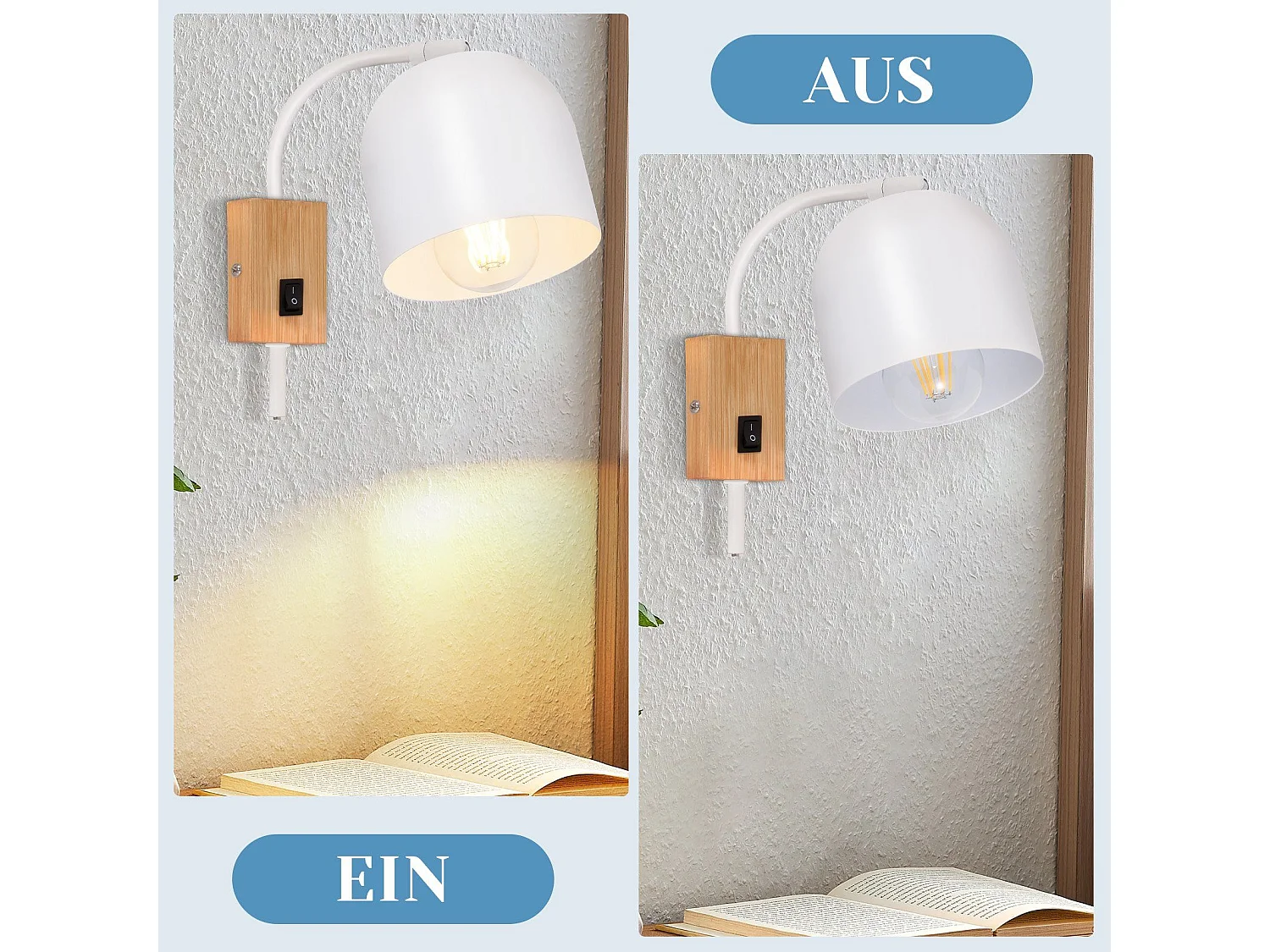 NETTLIFE Aplique de madera con interruptor - Foco de pared de 1 llama E27 Lámpara de pasillo blanca 330°, Sin bombilla