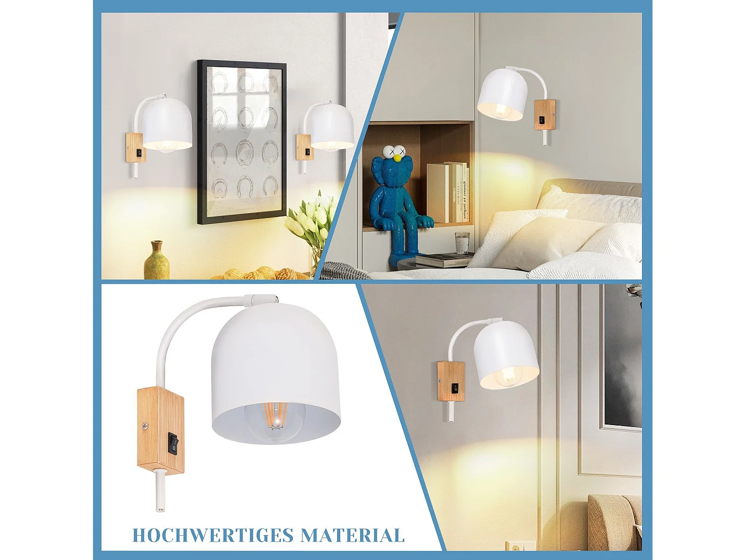 NETTLIFE Muurapparaat van hout met schakelaar - Muurspot met 1 E27 -flakkerende lamp in wit, 330° ganglamp, zonder gloeilamp.