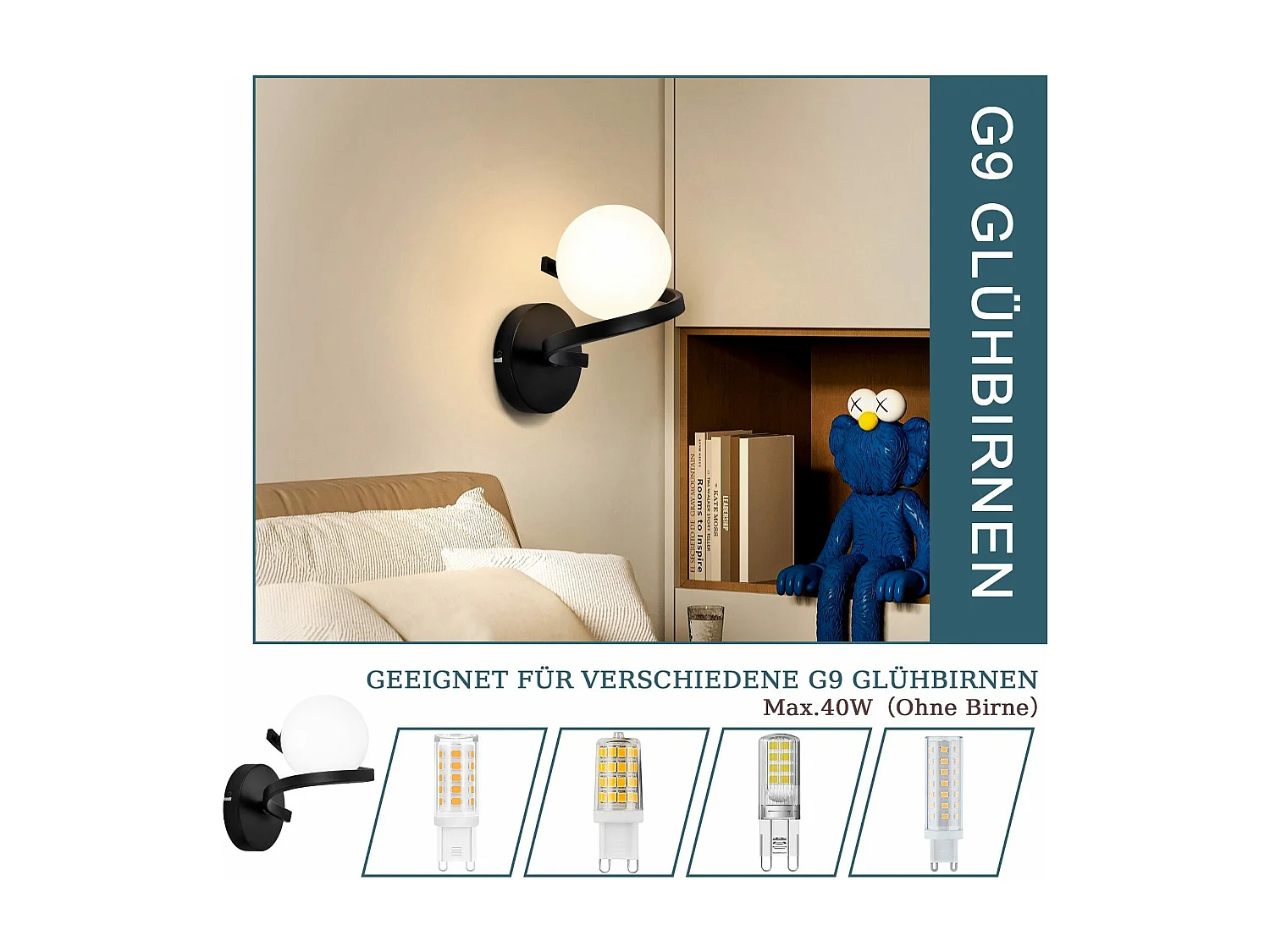 NETTLIFE Aplique de baño Focos de pared Bola de cristal G9 Aplique de pared negro 1 llama Lámpara interior blanca