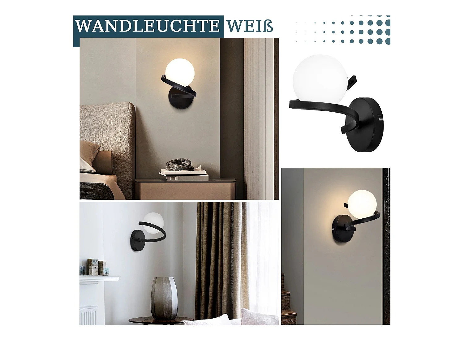 NETTLIFE Bad Wandleuchte Wandstrahler Glaskugel G9 Schwarz Wandmontage 1-flammig Weiß Innenlampe