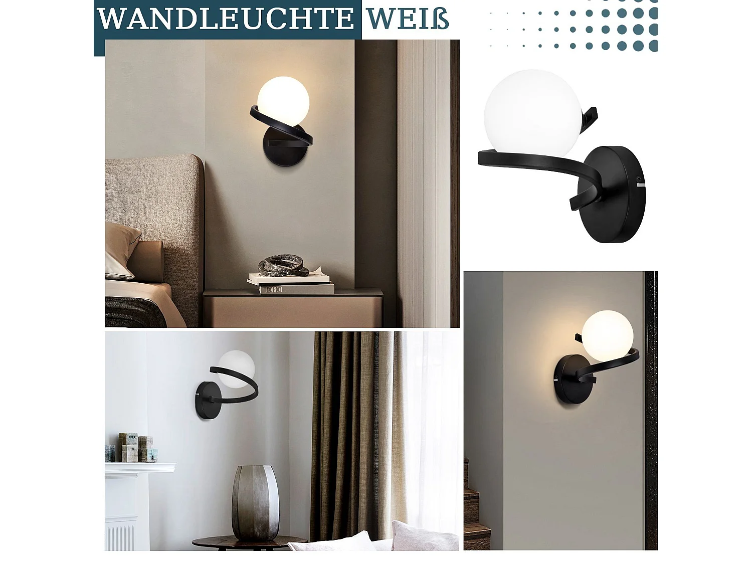 NETTLIFE Bad Wandleuchte Wandstrahler Glaskugel G9 Schwarz Wandmontage 1-flammig Weiß Innenlampe