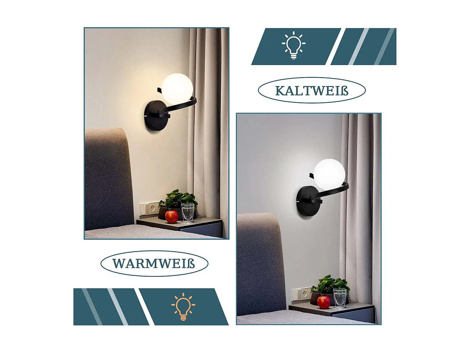 NETTLIFE Applique salle de bain Spots muraux Boule de verre G9 Noir mural 1 flamme Blanc Intérieur Lampe