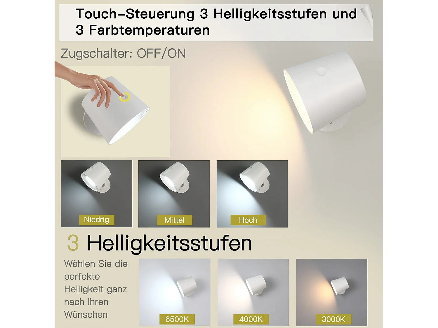 NETTLIFE Wandapparaat voor binnen zonder elektrische voeding: Wandlamp LED met schakelaar, eBlanc, draadloos, Wandverlichting, aanraakvariabel.