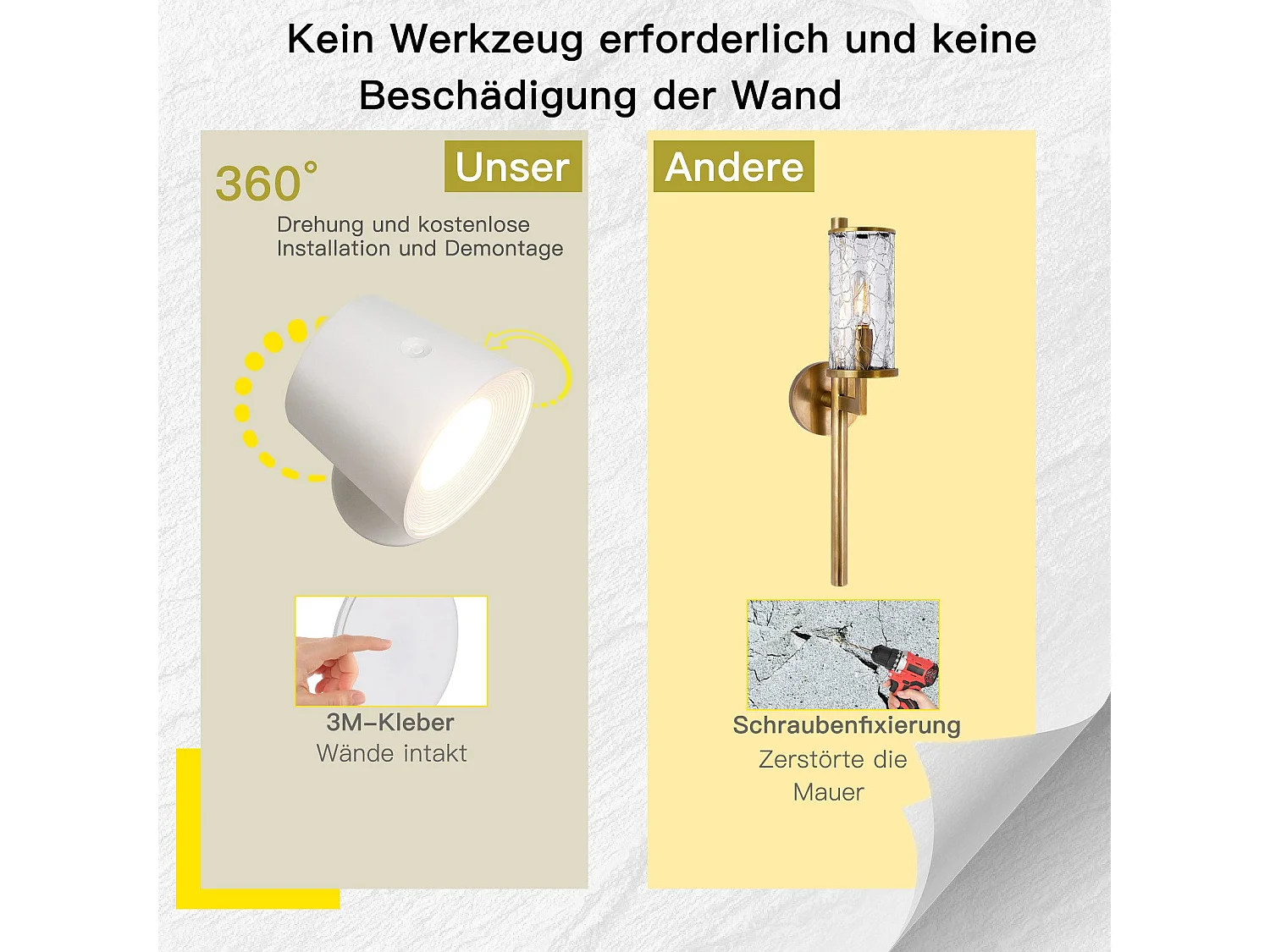 NETTLIFE Applique murale intérieure sans alimentation électrique : Lampe murale LED avec interrupteur eBlanc Sans fil Eclairage mural Touch Variable