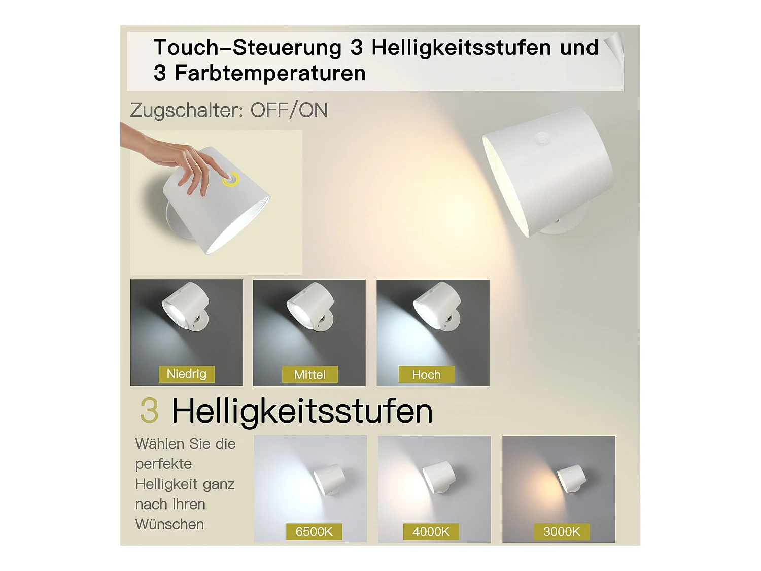 NETTLIFE Applique murale intérieure sans alimentation électrique : Lampe murale LED avec interrupteur eBlanc Sans fil Eclairage mural Touch Variable