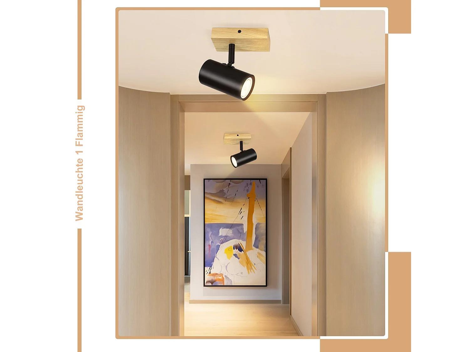 NETTLIFE Plafonnier 1 flamme Bois - Noir Plafonnier couloir Métal Rétro GU10 350°Plot de plafond pivotant  Max.40W