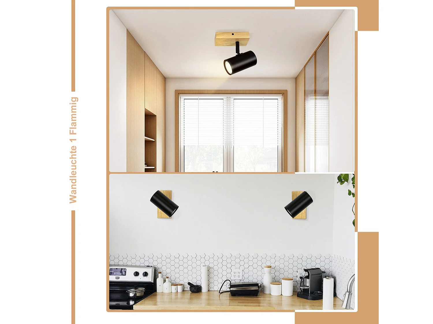 NETTLIFE Plafonnier 1 flamme Bois - Noir Plafonnier couloir Métal Rétro GU10 350°Plot de plafond pivotant  Max.40W