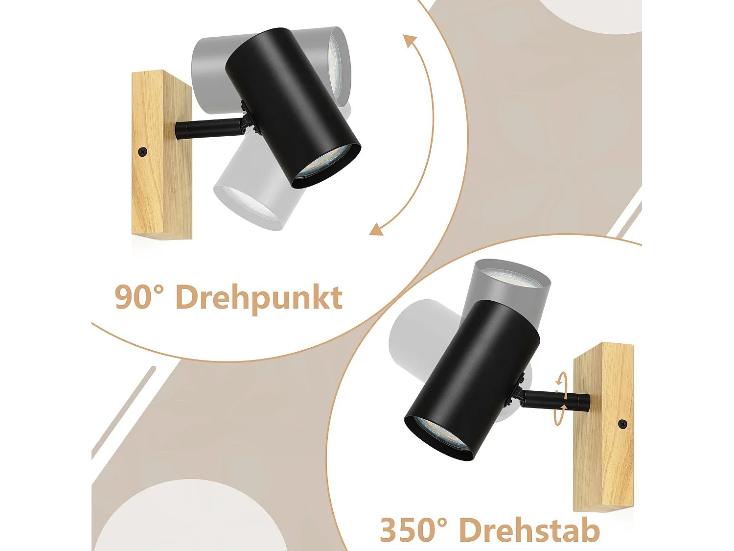 NETTLIFE Plafonnier 1 flamme Bois - Noir Plafonnier couloir Métal Rétro GU10 350°Plot de plafond pivotant  Max.40W