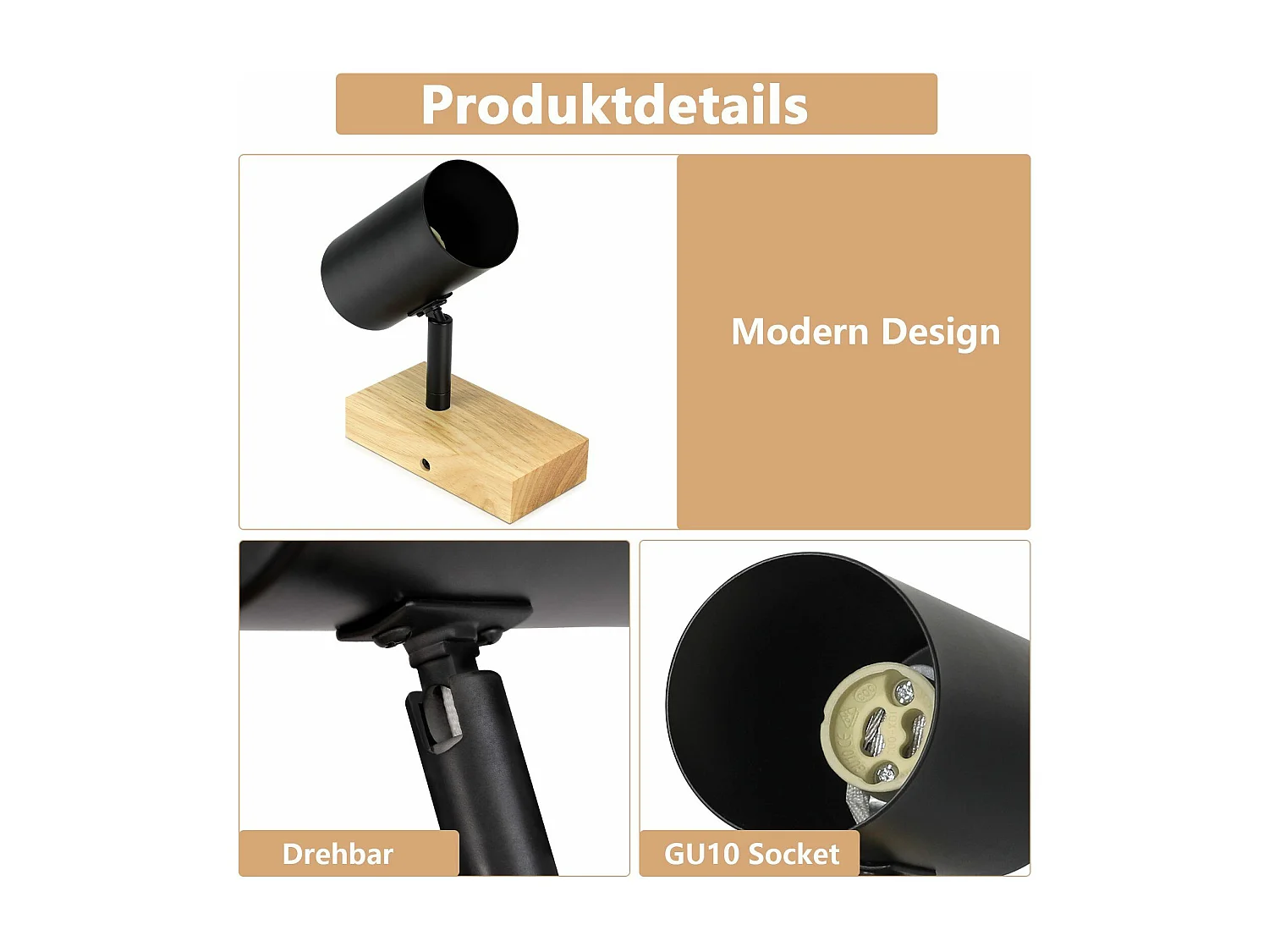 NETTLIFE Plafonnier 1 flamme Bois - Noir Plafonnier couloir Métal Rétro GU10 350°Plot de plafond pivotant  Max.40W