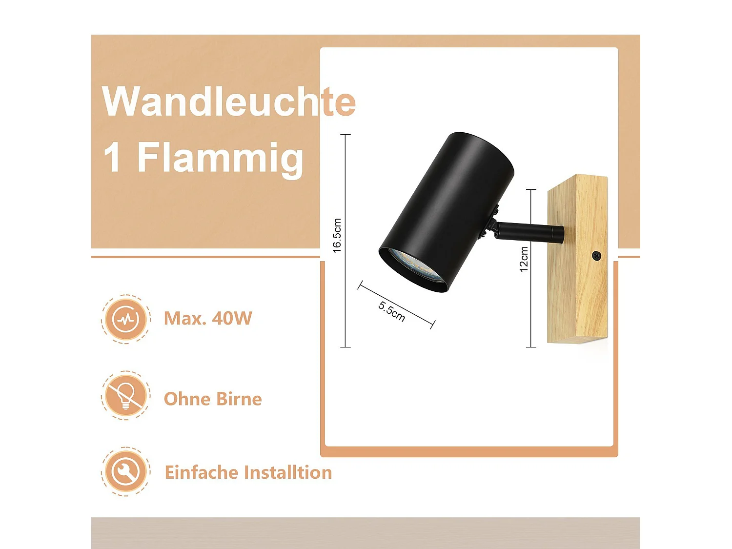 NETTLIFE Plafonnier 1 flamme Bois - Noir Plafonnier couloir Métal Rétro GU10 350°Plot de plafond pivotant  Max.40W