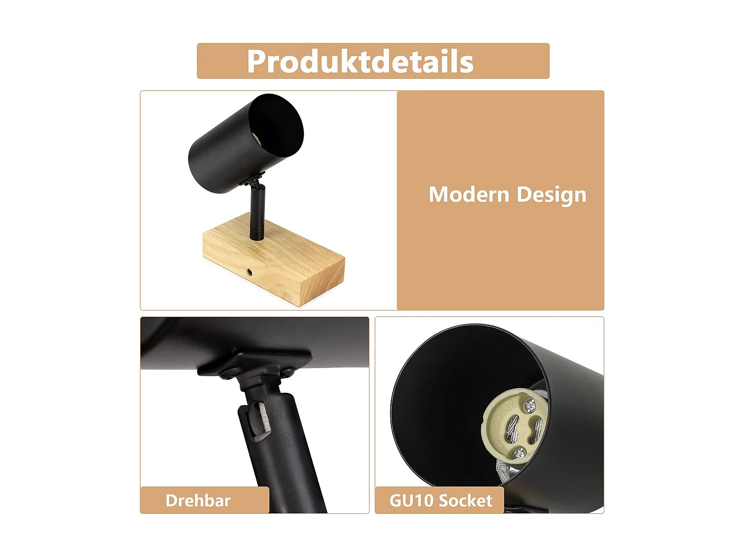 NETTLIFE Plafonnier 1 flamme Bois - Noir Plafonnier couloir Métal Rétro GU10 350°Plot de plafond pivotant  Max.40W