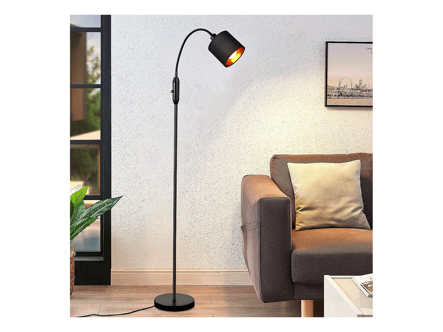 NETTLIFE Lampe sur pied salon vintage noire, lampadaire moderne en tissu avec arc pivotant à 360°, interrupteur basculant E14,  sans ampoule.