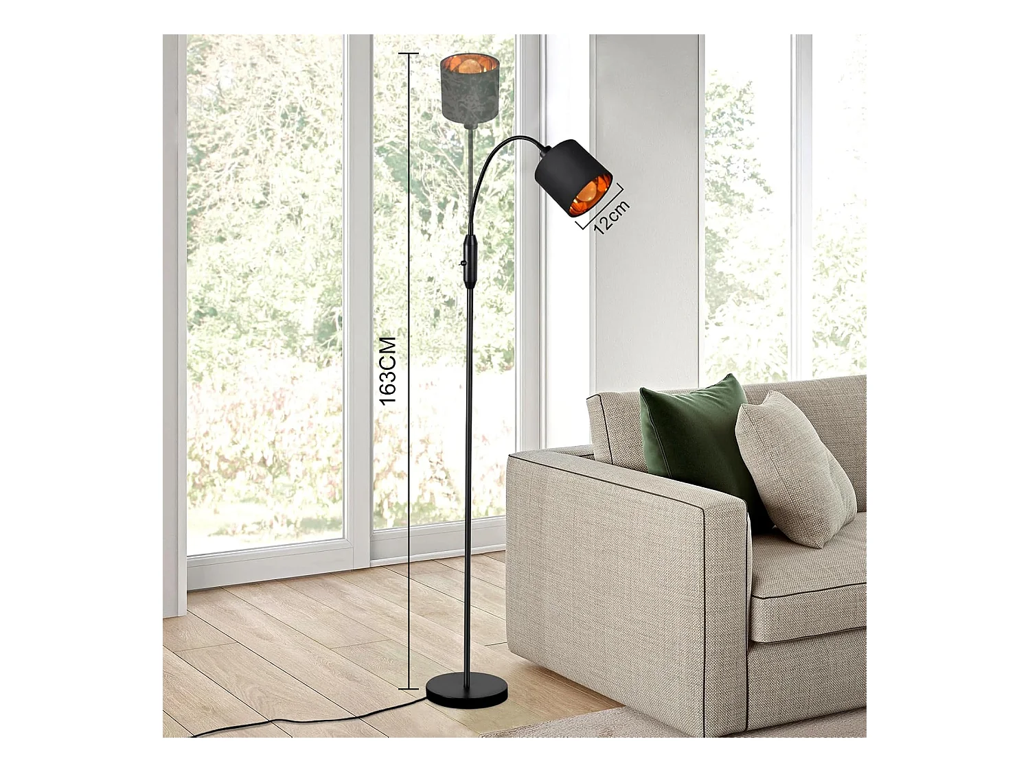 NETTLIFE Lampe sur pied salon vintage noire, lampadaire moderne en tissu avec arc pivotant à 360°, interrupteur basculant E14,  sans ampoule.