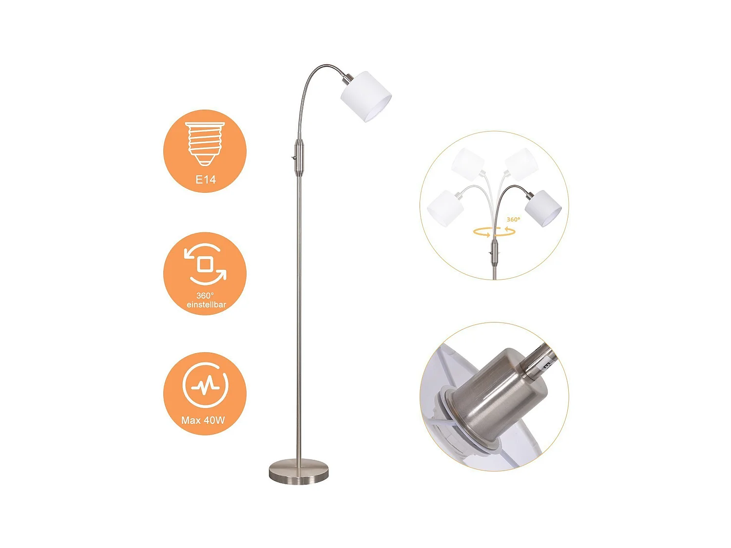 NETTLIFE Lampe sur pied salon vintage noire, lampadaire moderne en tissu avec arc pivotant à 360°, interrupteur basculant E14,  sans ampoule.