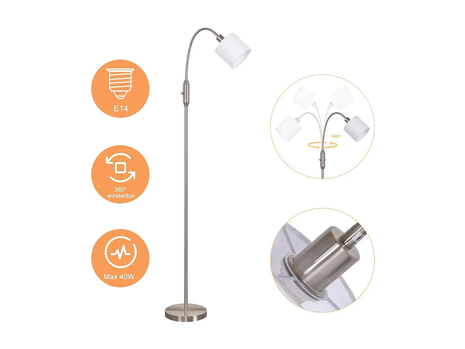 Schwarze Vintage-Stehlampe aus Stoff mit 360° drehbarem Bogen für weiches und dekoratives Licht