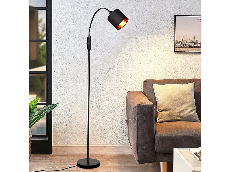 Lámpara de pie vintage negra de tela con arco giratorio de 360° para una iluminación suave y decorativa