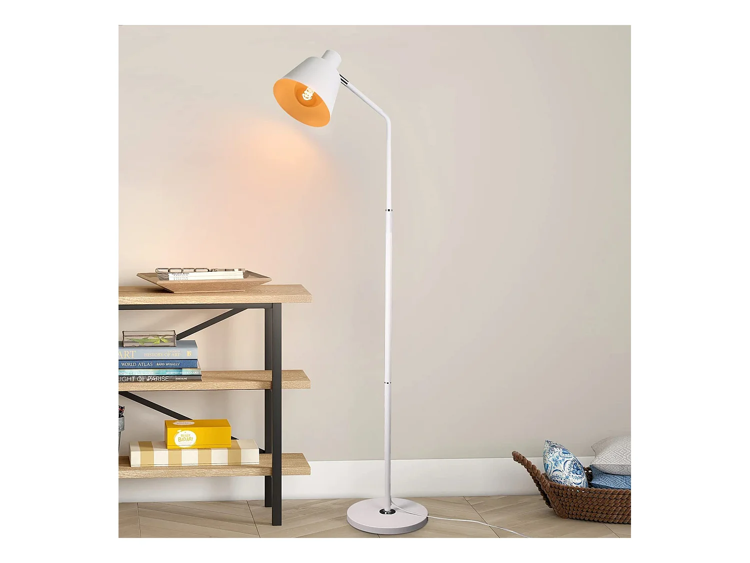 NETTLIFE Lampe sur pied  pour salon, lampe debout vintage - 166 cm, design rétro, lampe sur pied blanche en métal avec douille E27, maximum 40 W