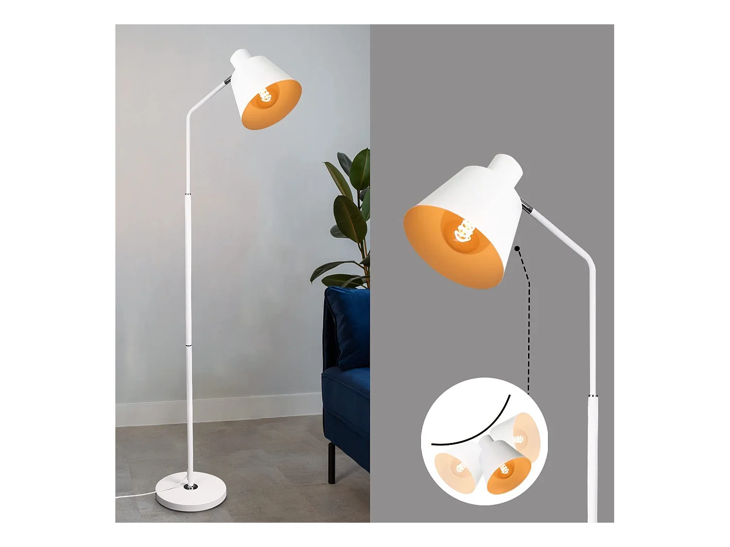 NETTLIFE Lámpara de Pie para Salón, Lámpara de Pie Vintage - 166cm, Diseño Retro, Lámpara de Pie de Metal Blanco con Casquillo E27, Máximo 40W